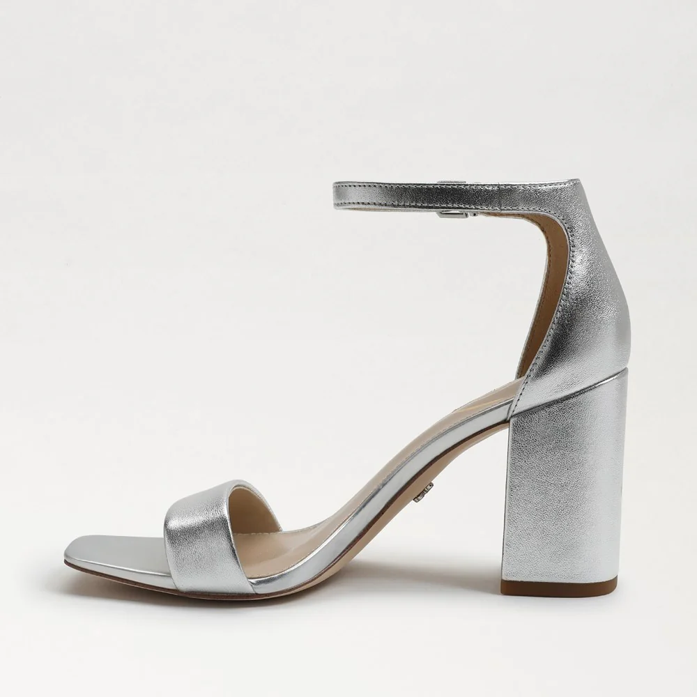 Daniella Block Heel Sandal in Silver Metallic Leather - Image 4