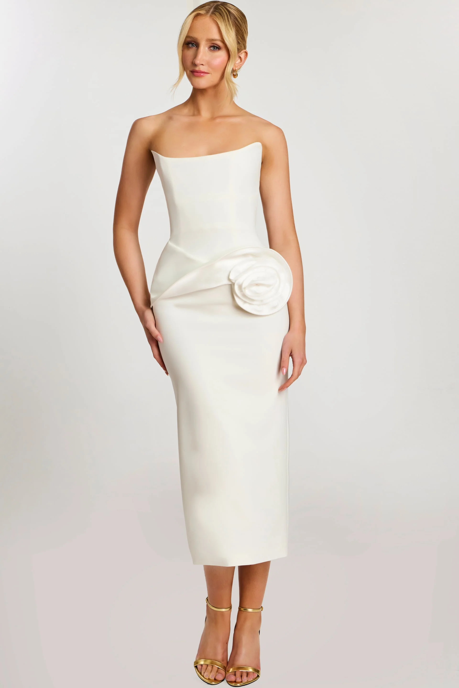 Jovani Elegant Strapless Midi Dress with Satin Rose Detail 48208 - Image 3