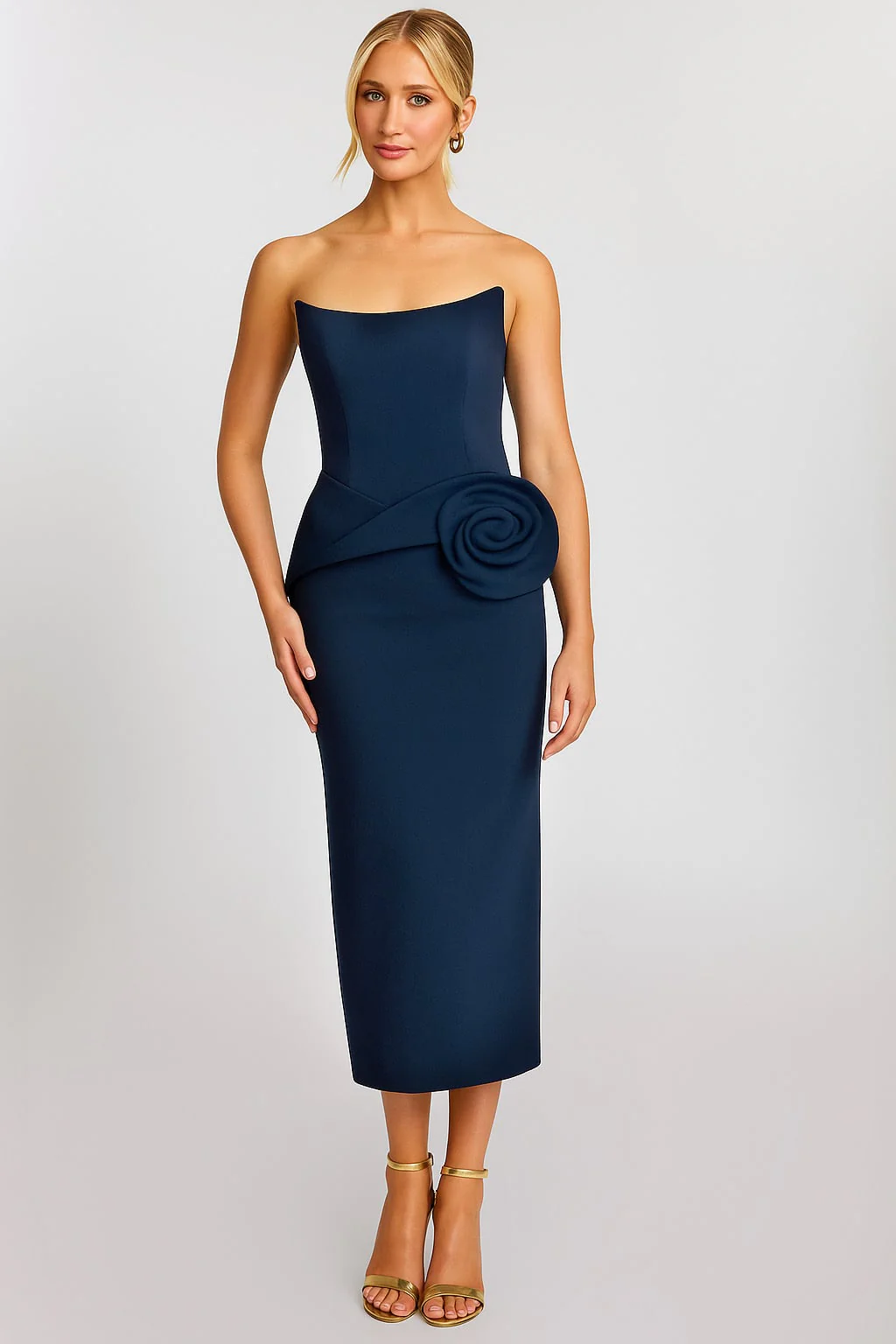 Jovani Elegant Strapless Midi Dress with Satin Rose Detail 48208 - Image 4