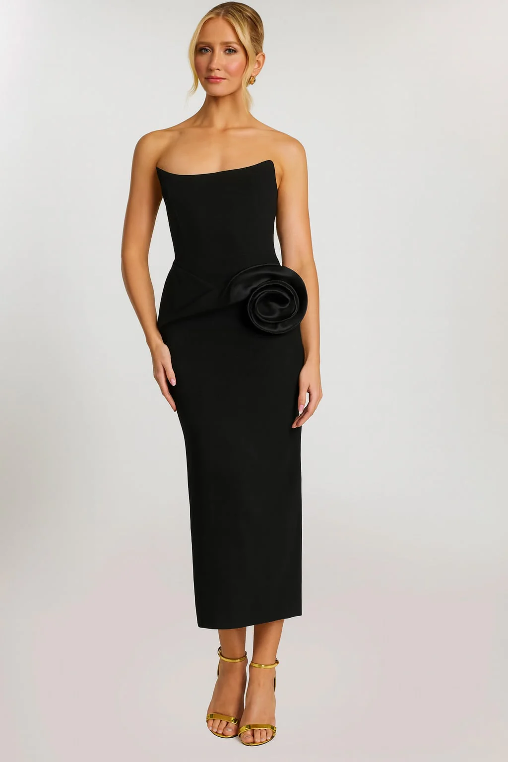 Jovani Elegant Strapless Midi Dress with Satin Rose Detail 48208 - Image 6