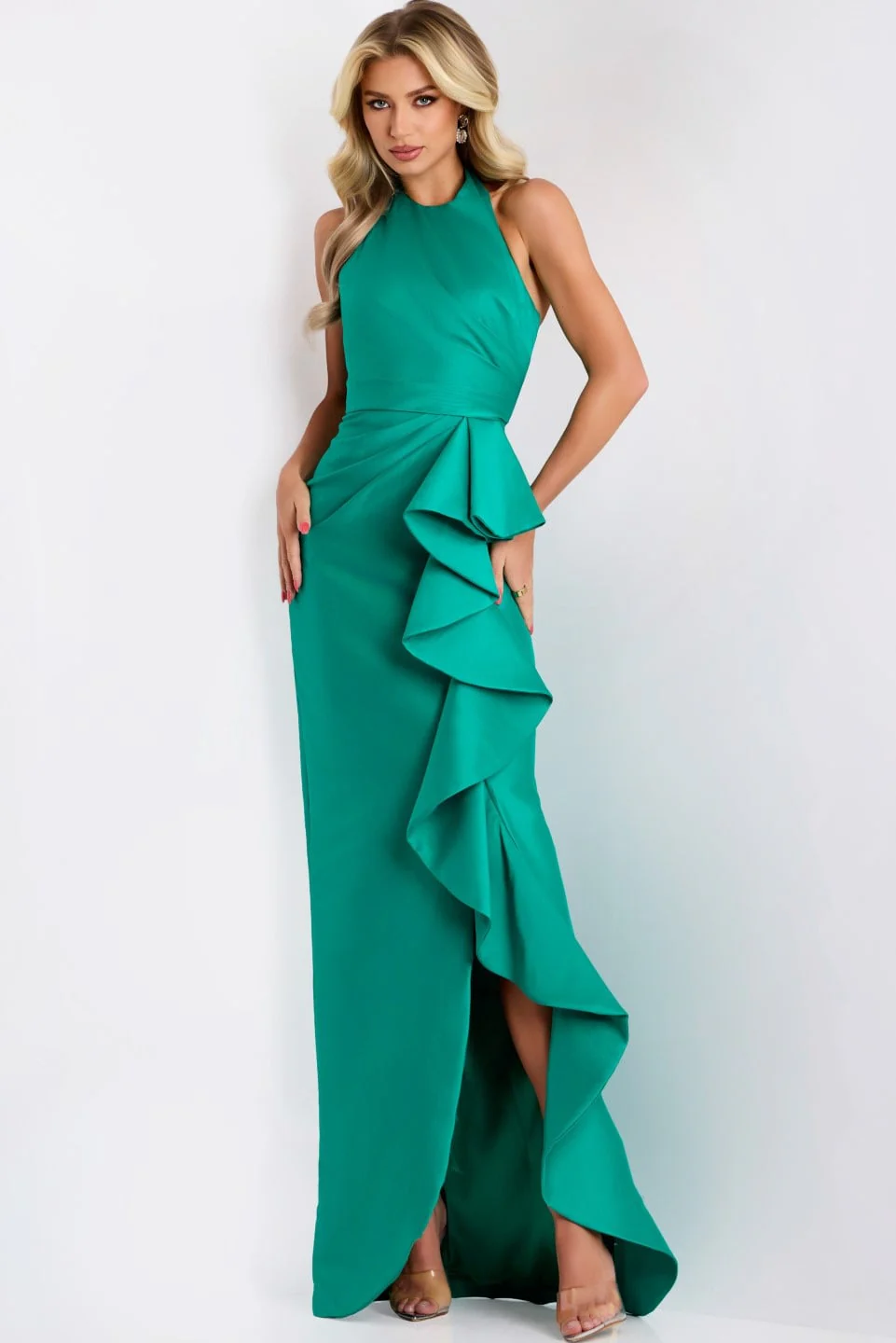 Jovani Halter Neck Gown with Cascading Ruffle Detail 44473