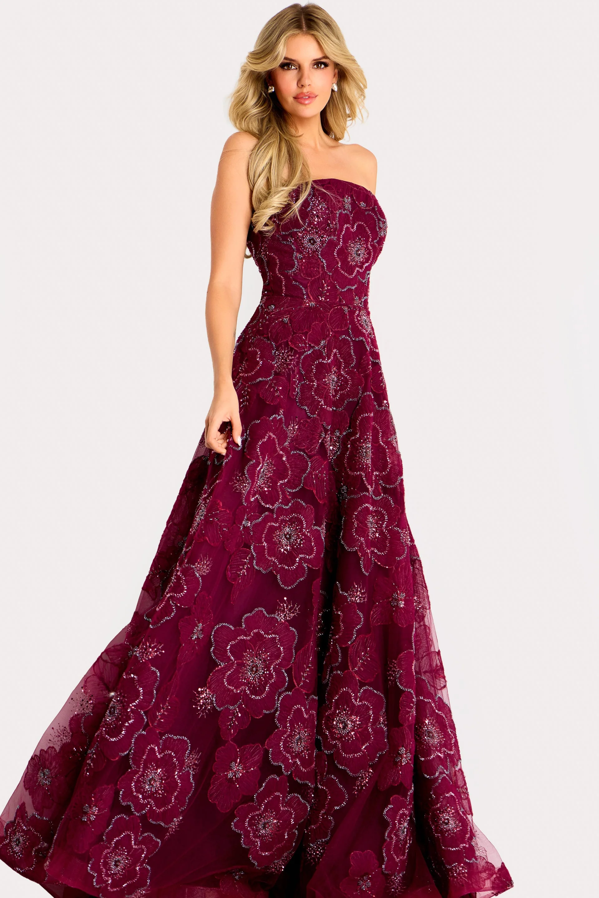 Jovani Strapless Ball Gown with Beaded Floral Appliques 46033 - Image 3