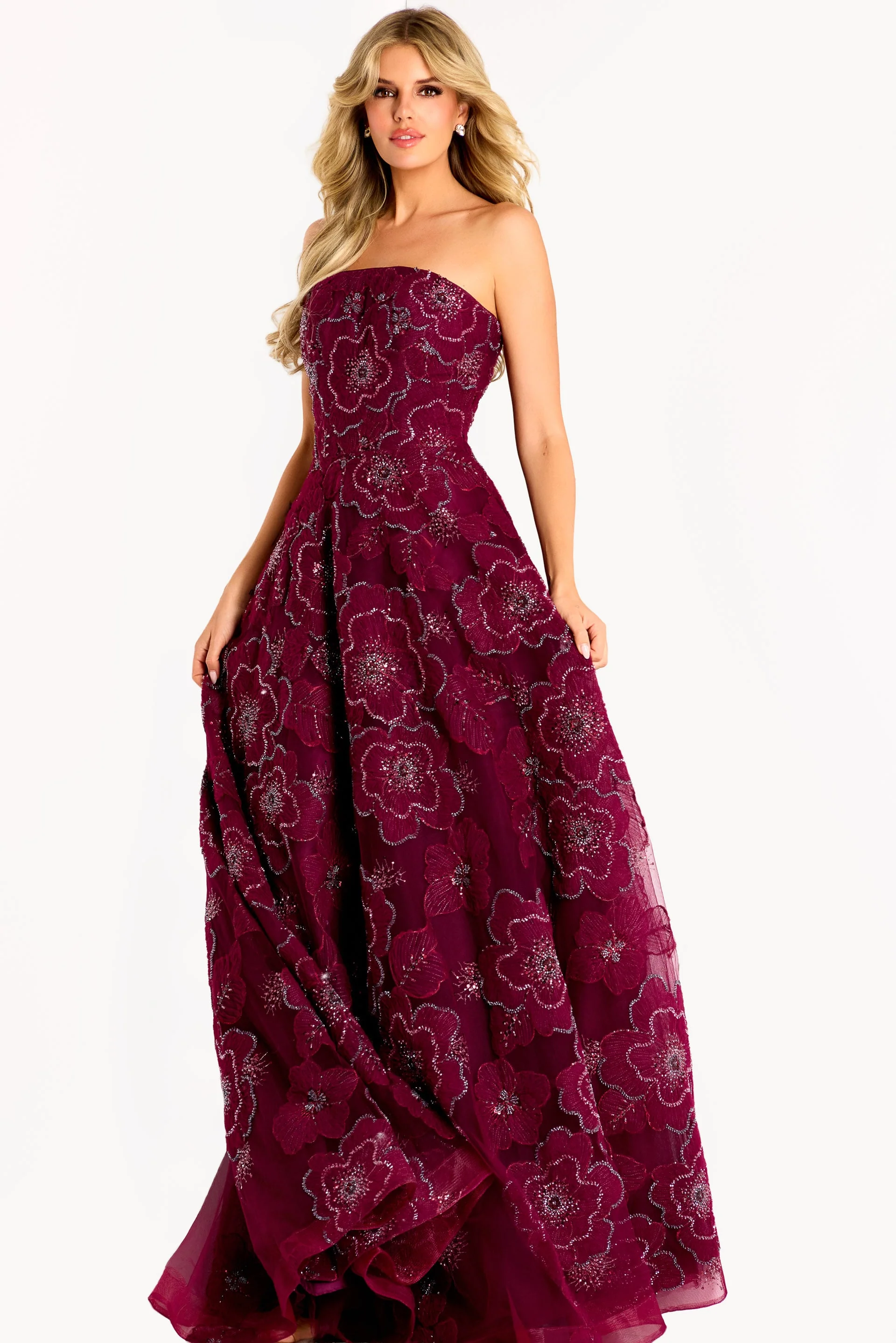 Jovani Strapless Ball Gown with Beaded Floral Appliques 46033 - Image 4
