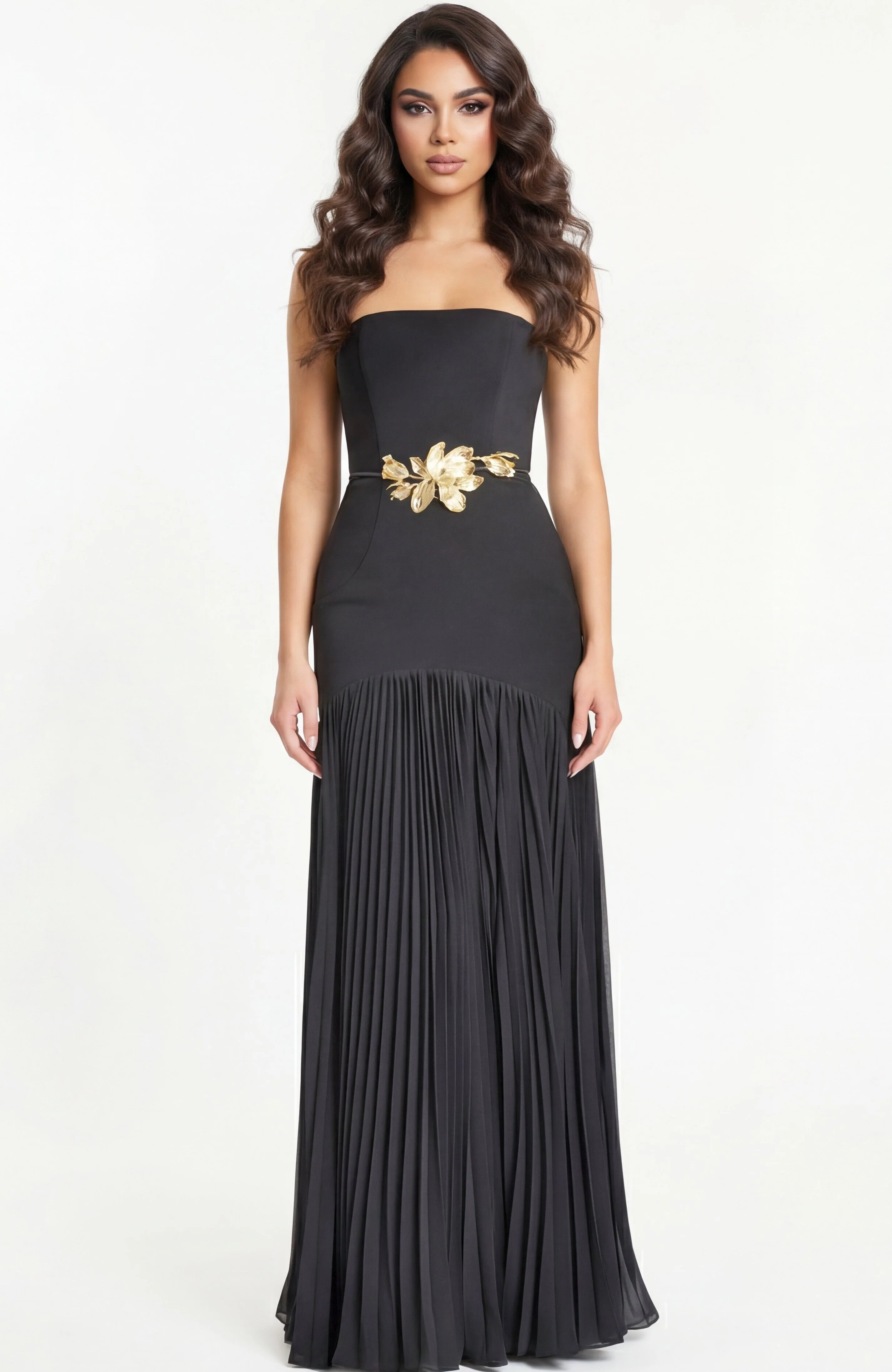 Jovani Strapless Black Gown With Gold Floral Waist Detail 47000