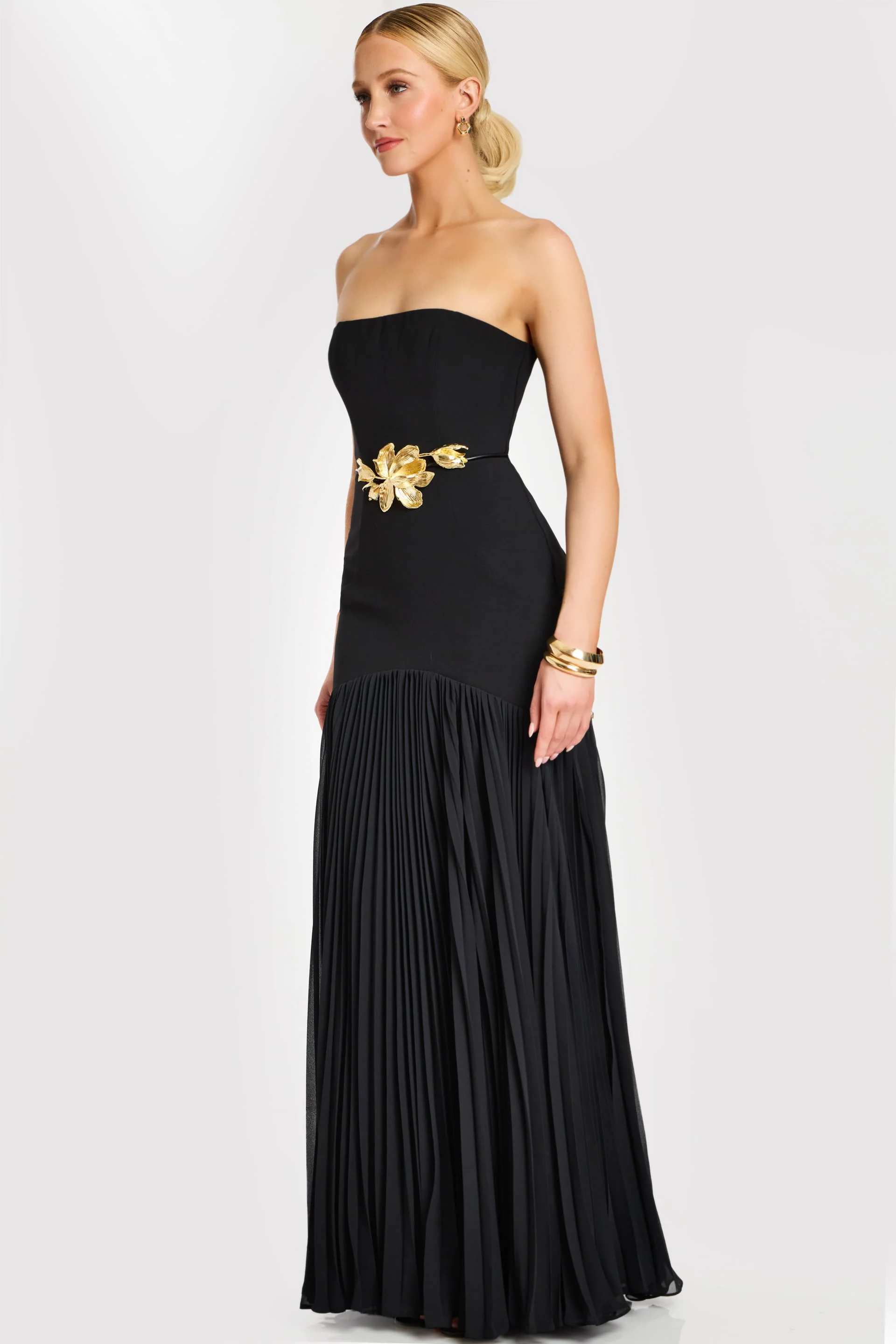 Jovani Strapless Black Gown With Gold Floral Waist Detail 47000 - Image 6
