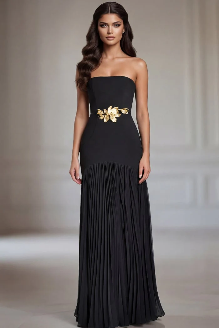 Jovani Strapless Black Gown With Gold Floral Waist Detail 47000 - Image 7