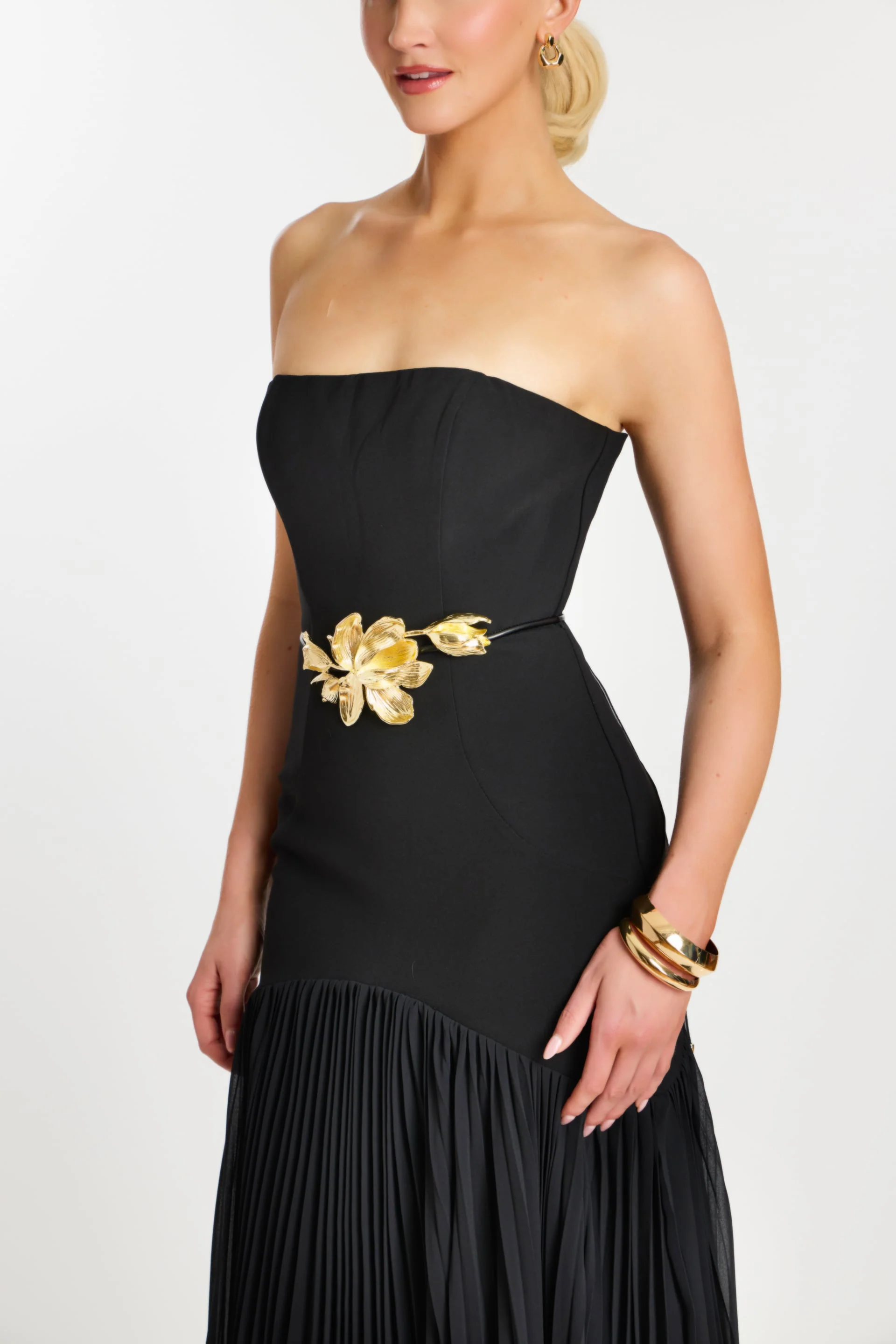 Jovani Strapless Black Gown With Gold Floral Waist Detail 47000 - Image 8
