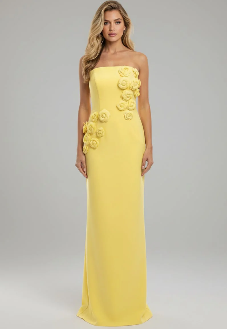 Jovani Strapless Column Gown with Floral Appliqués 46884 - Image 6