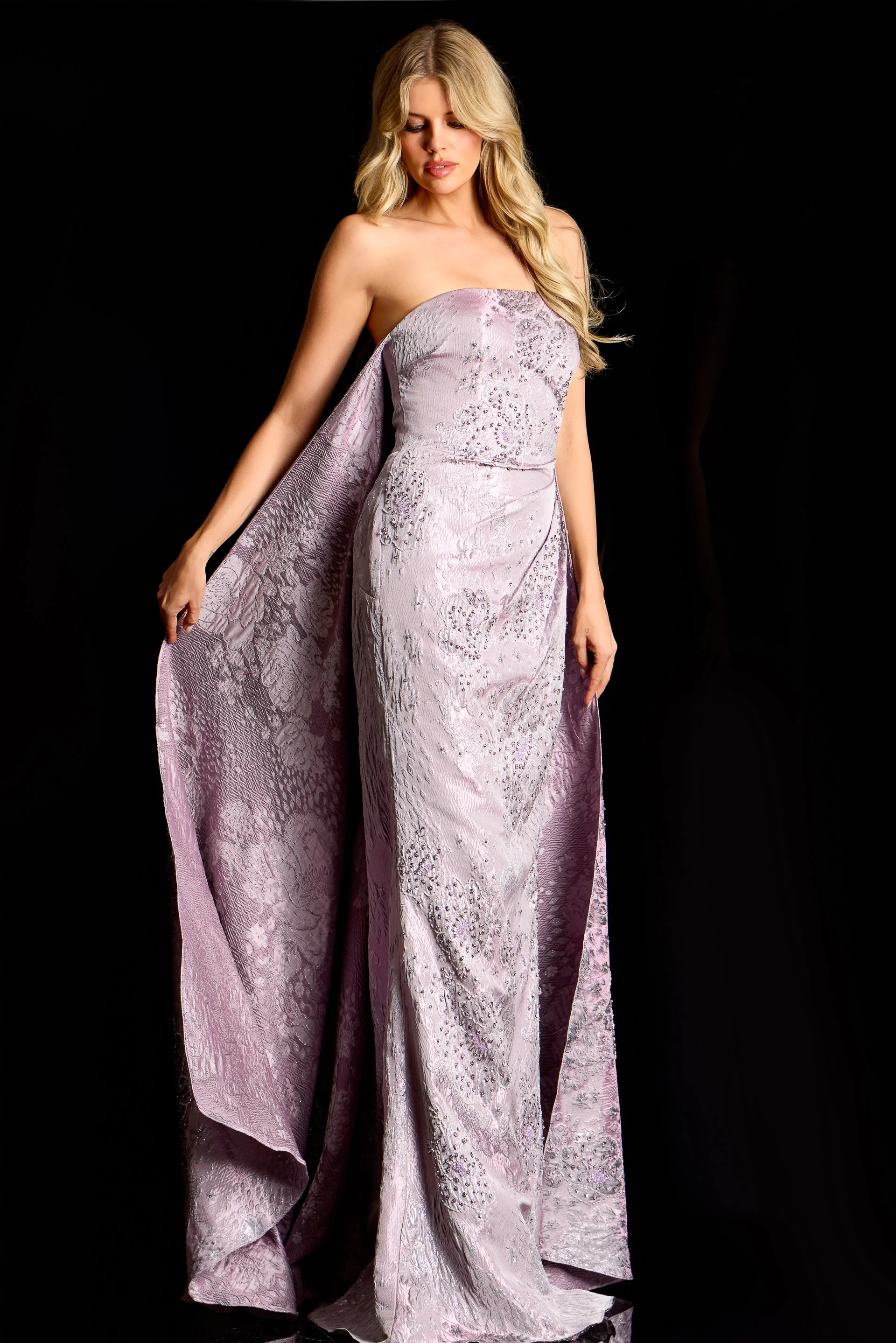 Jovani Strapless Jacquard Gown With Overskirt 45309
