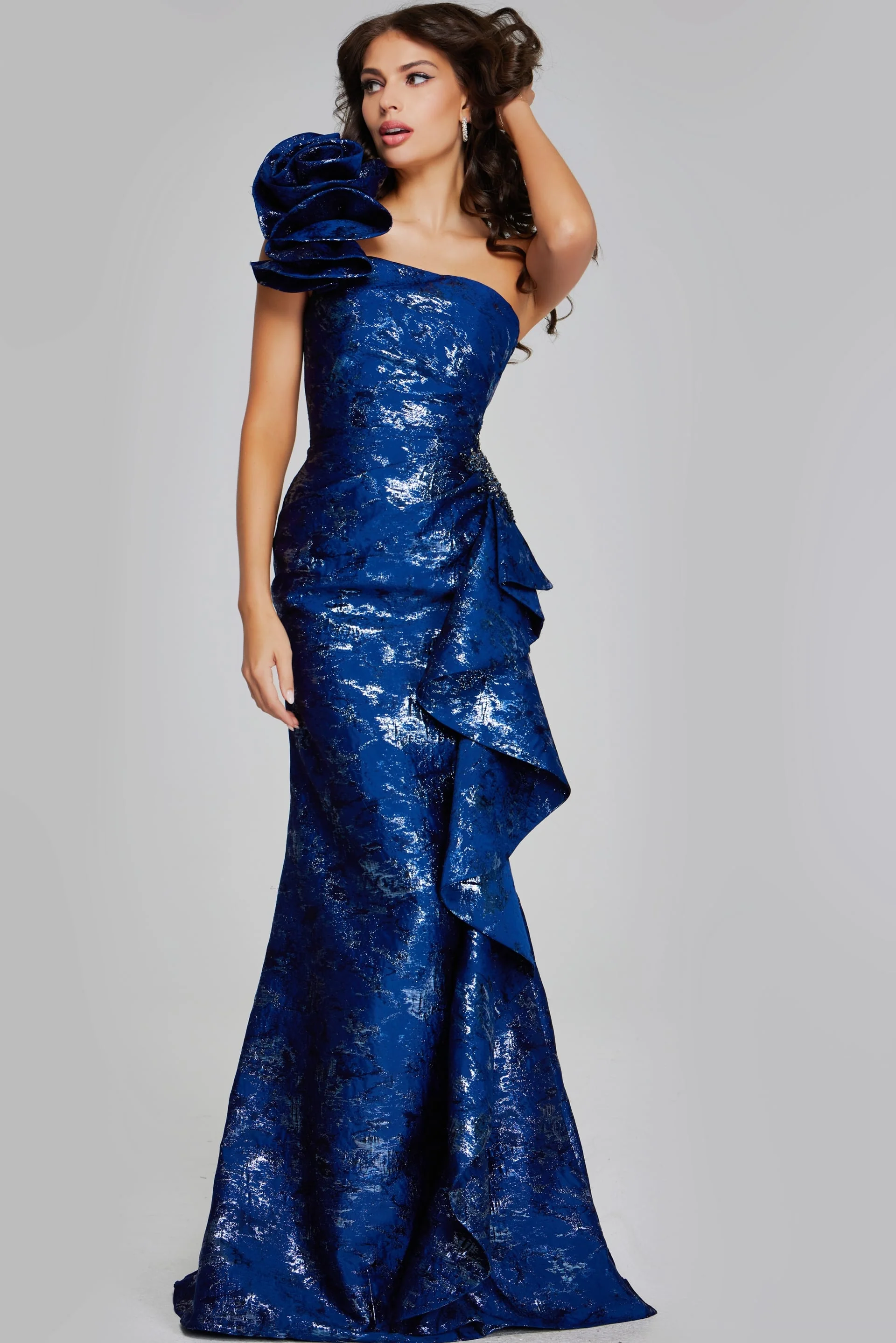 Jovani Stunning One-Shoulder Gown with Elegant Rose Detail 39438 - Image 3