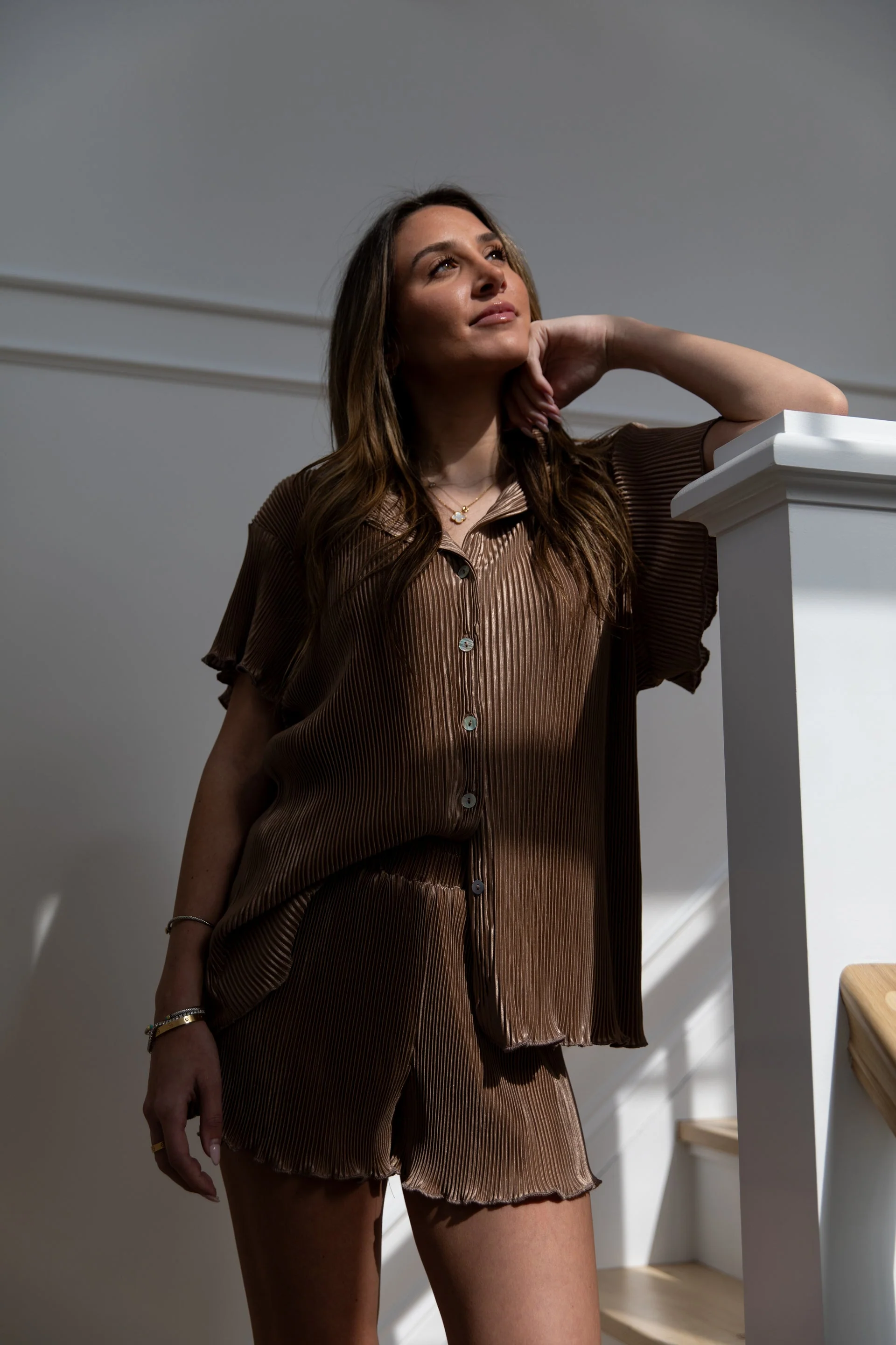 Waverles Pleated Short Set in Mocha Mousse - Image 7